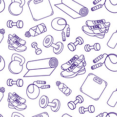Seamless Fitness Pattern with Gym Equipment Icons line art style. Great for activewear textiles, gym wallpapers, packaging, fitness app backgrounds, or promotional materials. Vector illustration