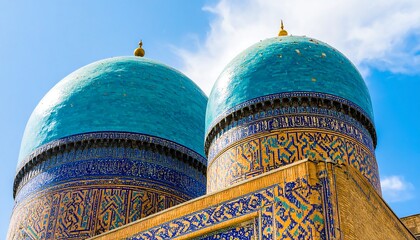 Two vibrant turquoise domes with intricate golden and blue tilework adorn a historic architectural structure.