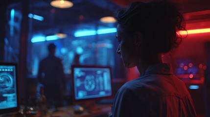 Fototapeta premium Woman working on computer in dark lab with blue and red lights for data analysis and cybersecurity research