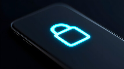 Close-up of smartphone displaying neon blue lock icon, symbolizing strong encryption and secure access.