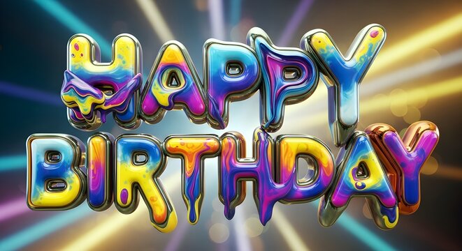 AI Generated 3D Happy Birthday Text with Metallic and Liquid Effect on a Modern Abstract Background