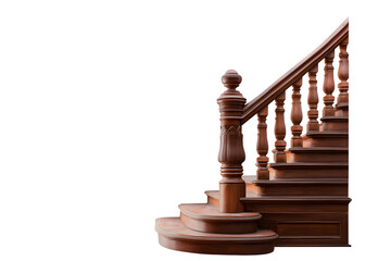 Straight mahogany staircase with decorative balusters isolated on white. Classic interior architecture detail.