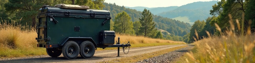Fototapeta premium Heavy-Duty Wheeled Cargo Trailer for Camping and Outdoor Adventures ? Durable, Multi-Compartment Design Ideal for Transporting Gear
