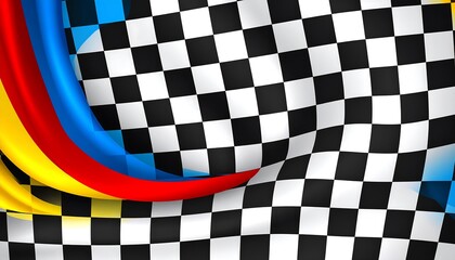 Obraz premium Vibrant checkered racing flag design overlaid with flowing, colorful stripes.