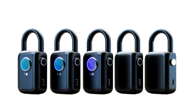 Five modern smart locks with illuminated digital displays in a row