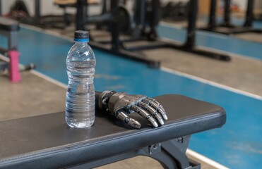 Bionic hand resting on bench with water bottle in gym after workout