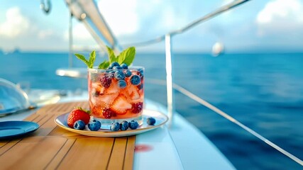 A vivid, highresolution photograph of a refreshing beverage on a yacht deck. The main subject is a glass filled with a clear liquid, likely a fruit cocktail, garnished with strawberries.