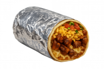 Close-up burrito revealing seasoned beef, fluffy rice, melting cheese, diced tomatoes, green onions against clean transparent backdrop