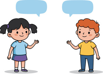 Cute cartoon kids talking, friendly boy and girl illustration, happy children communication, playful kids dialogue, smiling young friends vector.