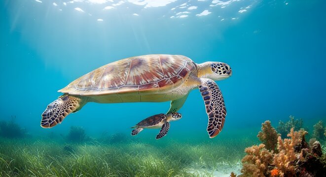 A sea turtle and its baby swimming in the ocean near coral and seagrass in clear blue water