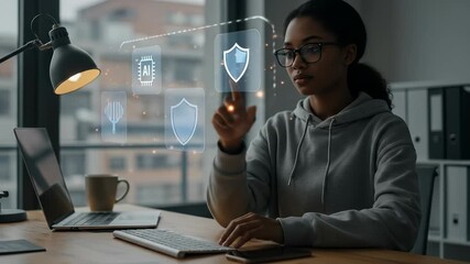 Black woman engaging with an advanced artificial intelligence holographic interface in a modern office, focusing on future technology and cybersecurity data management for digital innovation. - Powered by Adobe