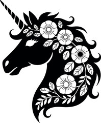 Elegant Black and White Unicorn Head Vector Graphic with Floral Ornamentation for Mythical Designs and Creative Projects