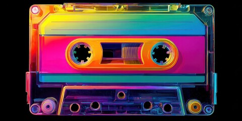 Neon Cassette. Retro Analog Music Tape with Colorful Rainbow Colors