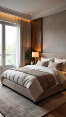 Fototapeta premium Cozy bedroom featuring a plush upholstered bed with built-in seating, perfect for relaxing and reading The soft textures and inviting design create a serene atmosphere , seating, cushion, bed