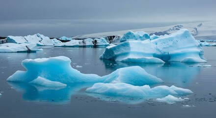 Stunning glacial icebergs floating in serene arctic waters with mountains in background
