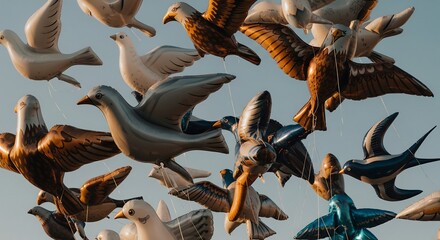 A beautiful flock of diverse bird-shaped balloons soaring together in the bright blue sky symbolizing freedom and hope