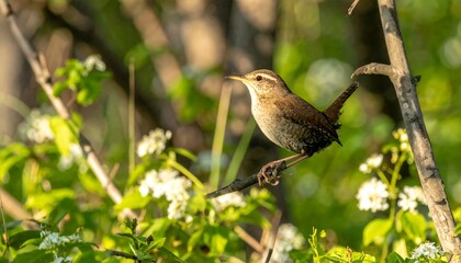 A charming wren perches elegantly on a branch, surrounded by vibrant springtime foliage and delicate white blossoms.