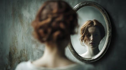A person looking into a mirror, but the reflection shows a different, wiser version of themselves, symbol of shifting self-identity and beliefs 