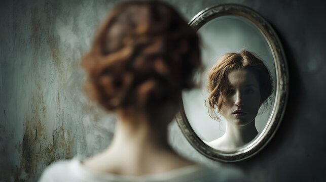 A person looking into a mirror, but the reflection shows a different, wiser version of themselves, symbol of shifting self-identity and beliefs 