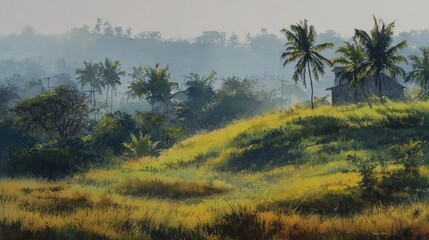 Obraz premium Misty hillside landscape with palm trees and houses