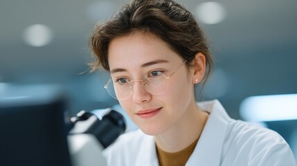 A focused scientist examining samples under a microscope in a modern laboratory setting