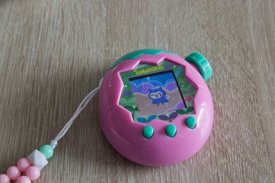 Tamagotchi paradise pink land on wooden background