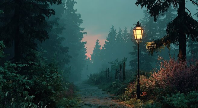 Warm Street Lamp in Foggy Forest at Dawn/Dusk, Mysterious Tranquil Atmosphere with Soft Sky Hues, 8K Render for Wallpaper Backgrounds, Book Illustrations, Game Scene Design
