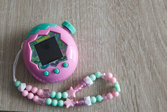 Tamagotchi paradise pink land on wooden background