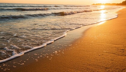 Golden Sandy Beach with Sunset Waves