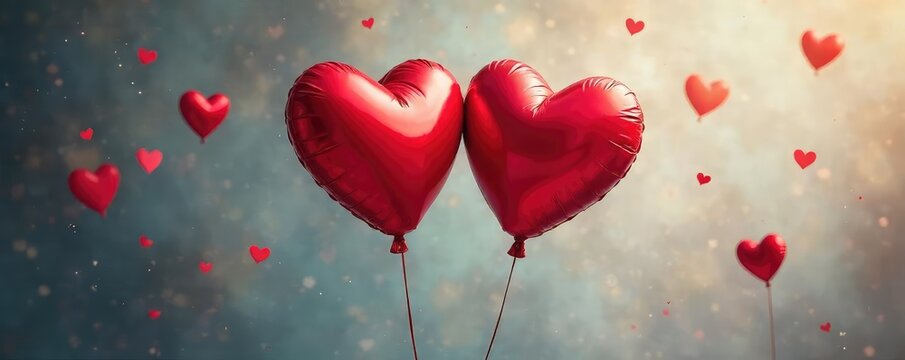 Heart-Shaped Balloons Drifting Apart A Poignant Valentines Day Image of Separation and Long-Distance Love, symbolizing bittersweet memories and the end of a relationship.