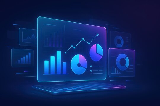 Futuristic business intelligence dashboard interface with financial data visualization for