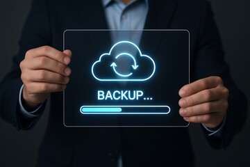 Businessman presenting cloud backup concept on a digital screen