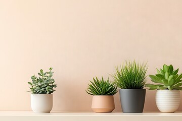 Fototapeta premium Plants in pots on a shelf against a wall