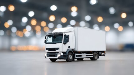 A modern white delivery truck parked in a spacious warehouse, showcasing its sleek design and functionality. Ideal for logistics, transport, and freight service imagery.