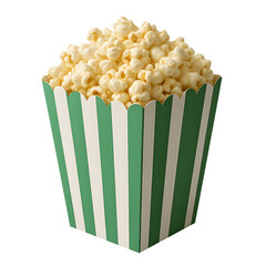 Green and white striped popcorn box full of popcorn isolated on transparent background