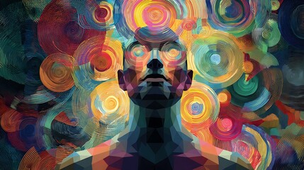 A figure meditating as swirling abstract thoughts around their head morph from darkness into vibrant geometric shapes, showing internal clarity and paradigm shift 