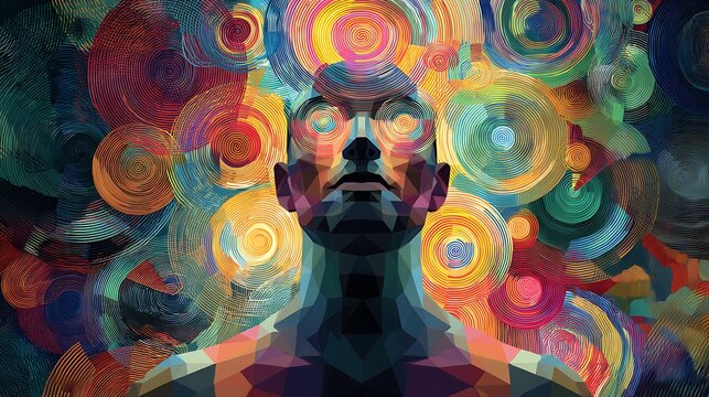 A figure meditating as swirling abstract thoughts around their head morph from darkness into vibrant geometric shapes, showing internal clarity and paradigm shift 