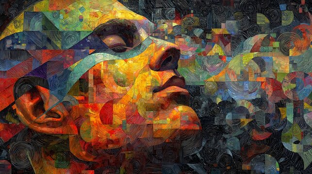 A figure meditating as swirling abstract thoughts around their head morph from darkness into vibrant geometric shapes, showing internal clarity and paradigm shift 