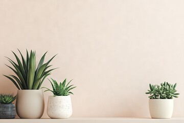 Succulents in neutral pots on a shelf against a pale peach wall