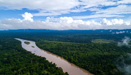 A sweeping vista of a river winding through a lush rainforest landscape, showcasing the rich biodiversity and natural beauty.