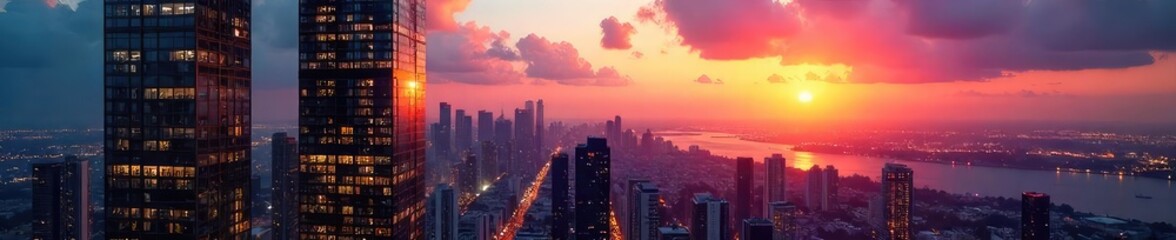 Fototapeta premium Luxury high-rise condominium buildings overlooking a vibrant cityscape at sunset Modern architecture, glass facades, and stunning urban views are showcased , roof, vista, high-rise