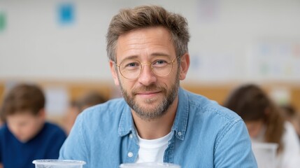 A smiling man in casual attire, with glasses, seated in a modern, bright environment