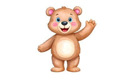 Obraz premium A cheerful cartoon bear, with a friendly expression, stands out against a plain white background, waving a welcoming hand.