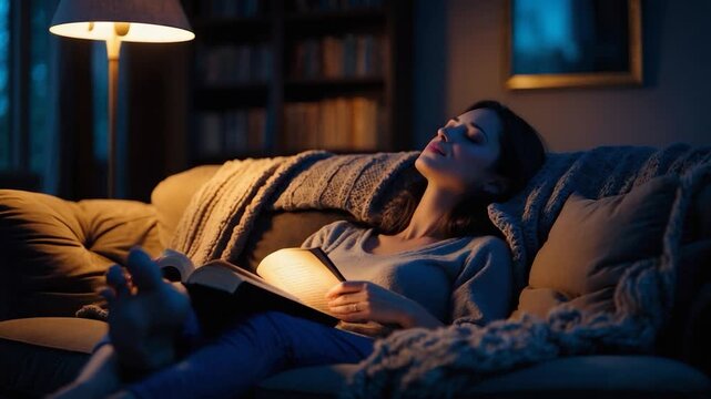 Woman Relaxing on Couch Reading a Book Under Warm Lamp Light in Cozy Room