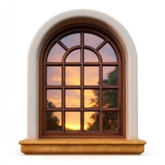 Obraz premium Arched window with stone surround and sunset reflection