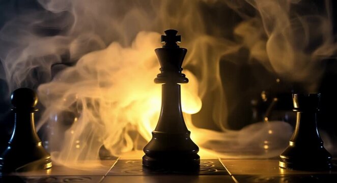 Black chess king on board surrounded by smoky atmosphere  