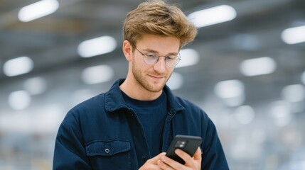 A young man engaged with his smartphone, reflecting modern technology in a professional environment