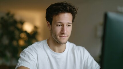 A young man focused on his computer in a cozy workspace, representing modern remote working and digital lifestyle