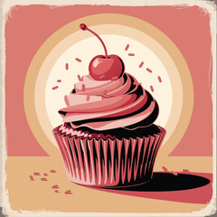 Stylized Cherry Cupcake Illustration