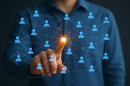 Man interacting with network of connected people icons in a digital interface